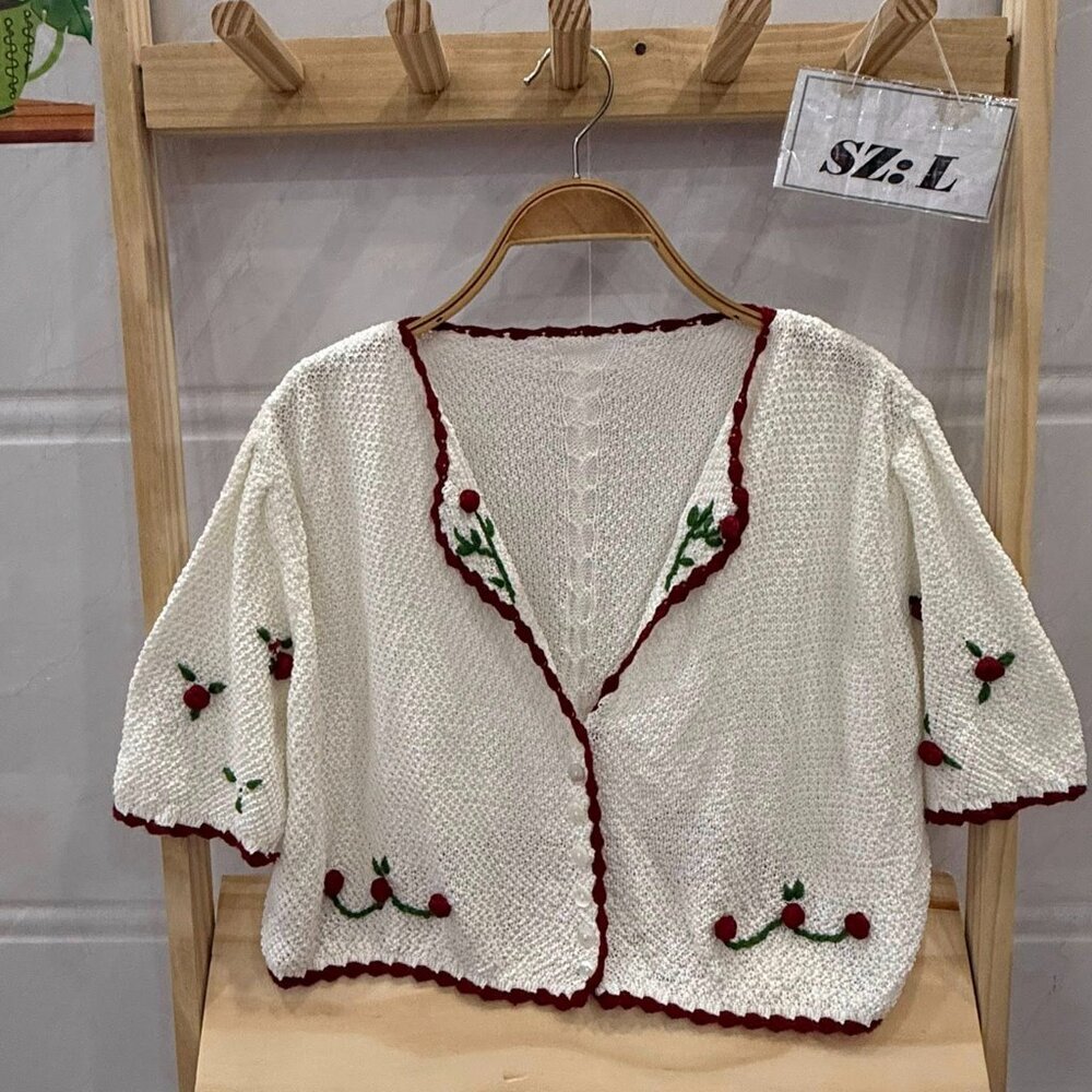 🍒 White Cherry Embroidery Crochet Trim Knit Cardigan Top Cottagecore Cute Tee